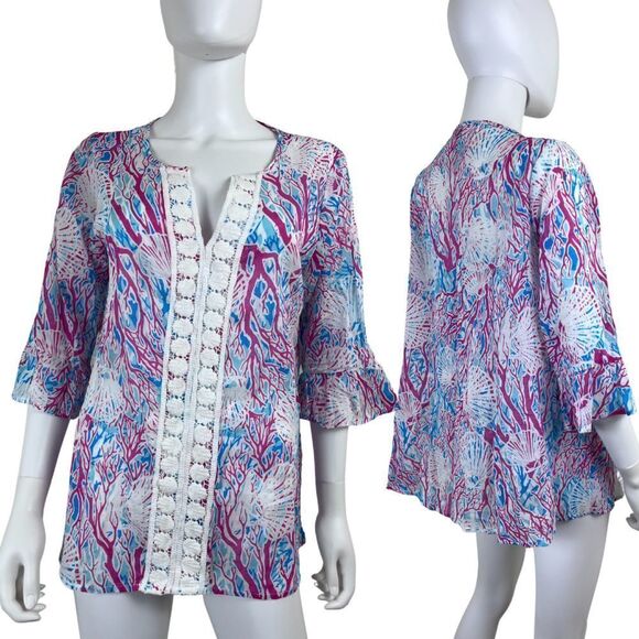 Casey Key Women Size XL Petite Embroidered Sheer Blouse Cover Up Cotton Tunic - Picture 1 of 16